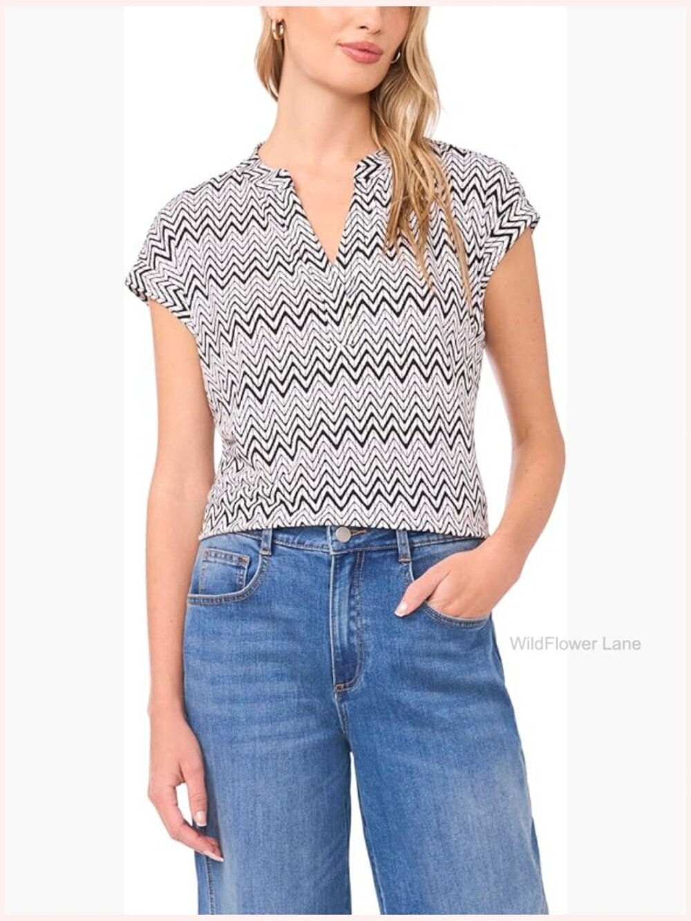 V-Neck Short Sleeve Blouse Zig Zag Pattern Cotton Stretch